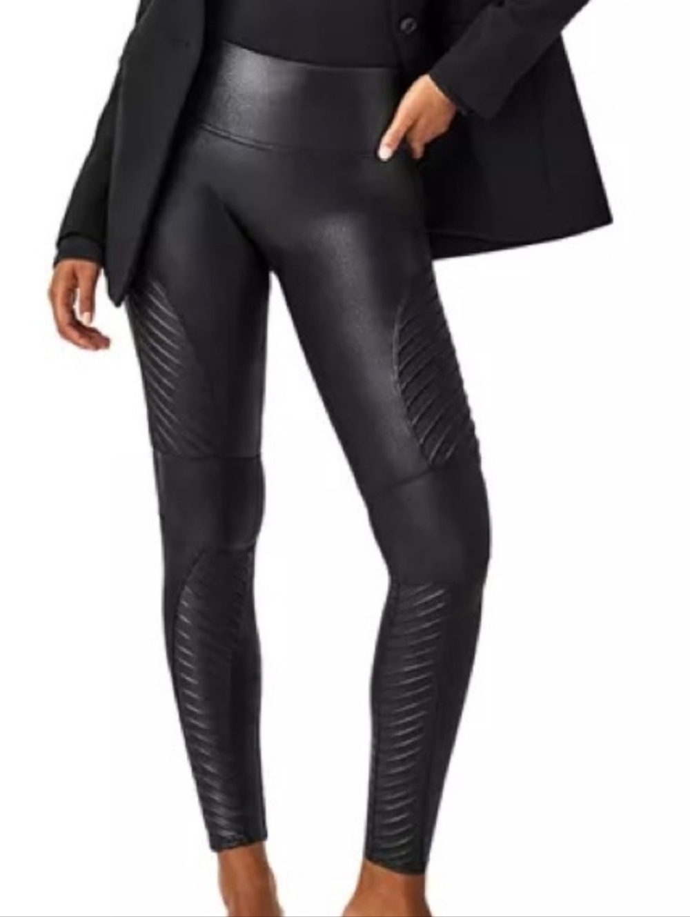 SPANX Women’s Faux Leather Moto Leggings Very Black Stretch size S Petit